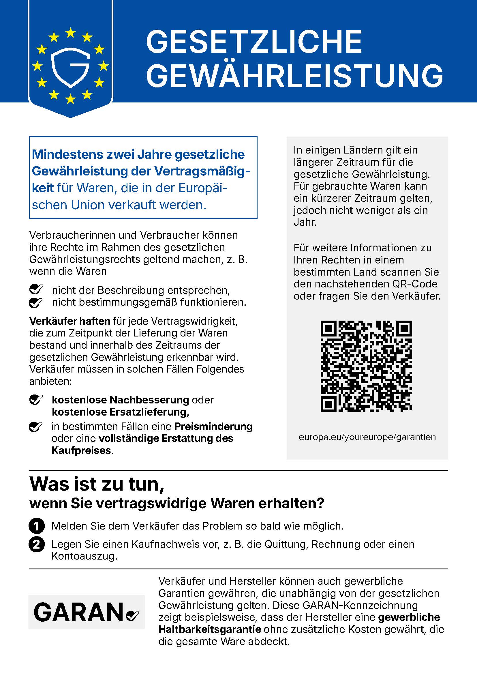 Hinweis zu Ihren gesetzlichen Gewährleistungsrechten